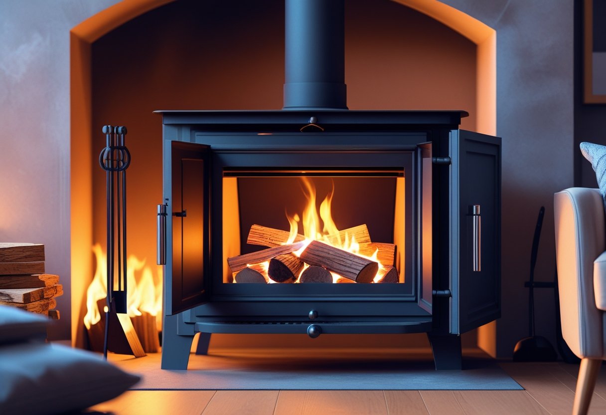 A wood-burning stove with logs and kindling inside, showing a small fire starting to burn.