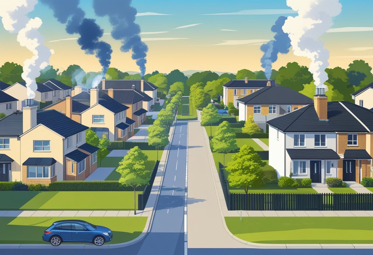 A neighbourhood with houses,showing smoking chimneys from log bruners