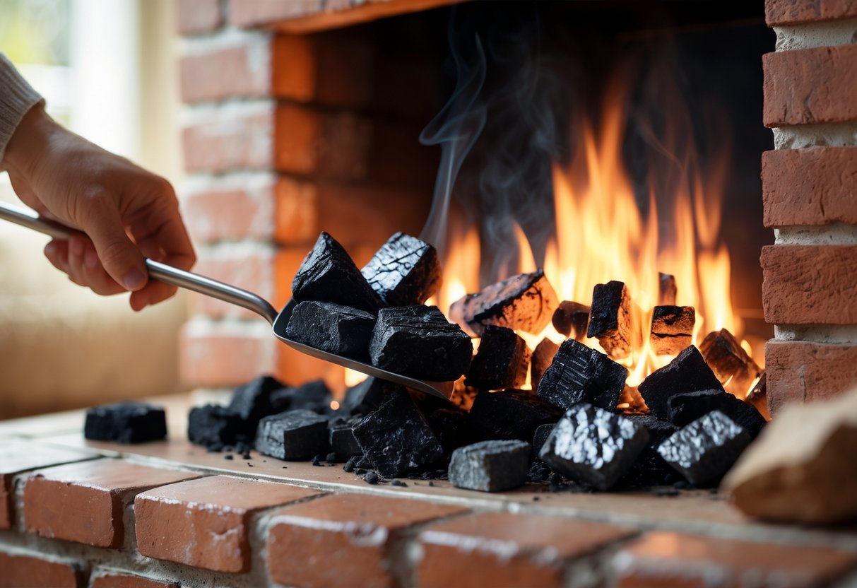 Loading smokeless coal into domestic fireplace hearth