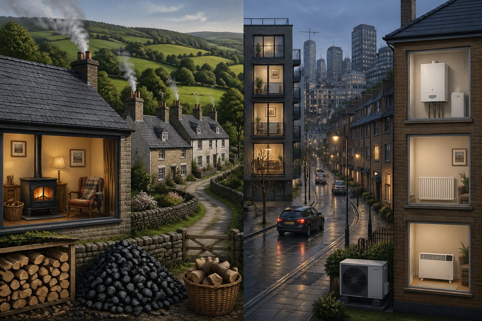A split scene showing a rural village with houses using firewood logs and coal for heating on one side, and an urban neighbourhood with modern homes using gas and electric heating on the other.